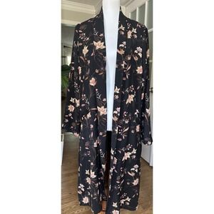 DR2 by Daniel Rainn Floral Kimono Duster Jacket Black Pink Boho Long Sleeve L